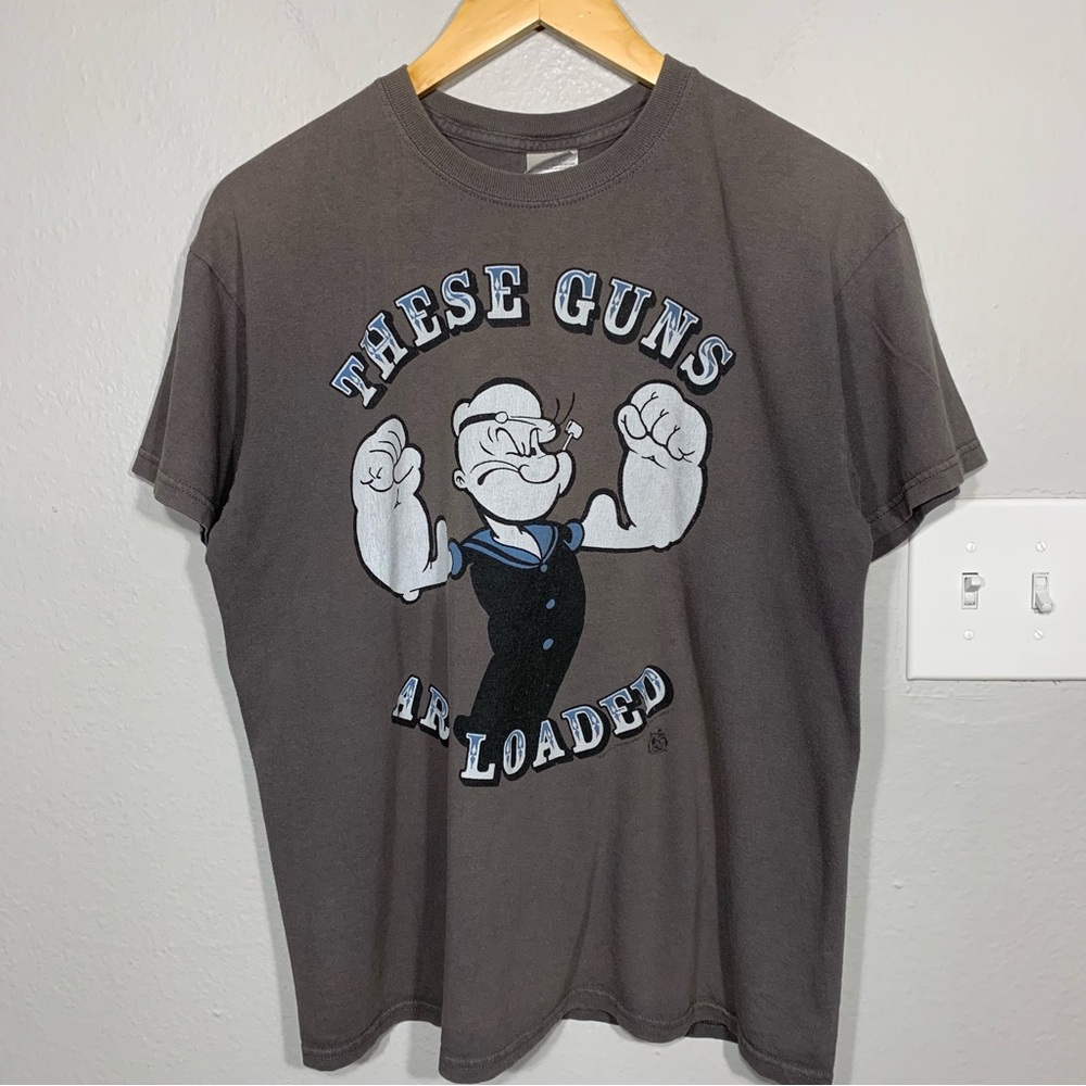 Vintage Y2K‎ Popeye the SailorMan These Guns Are Loaded Gray Tee Cartoon Promo M